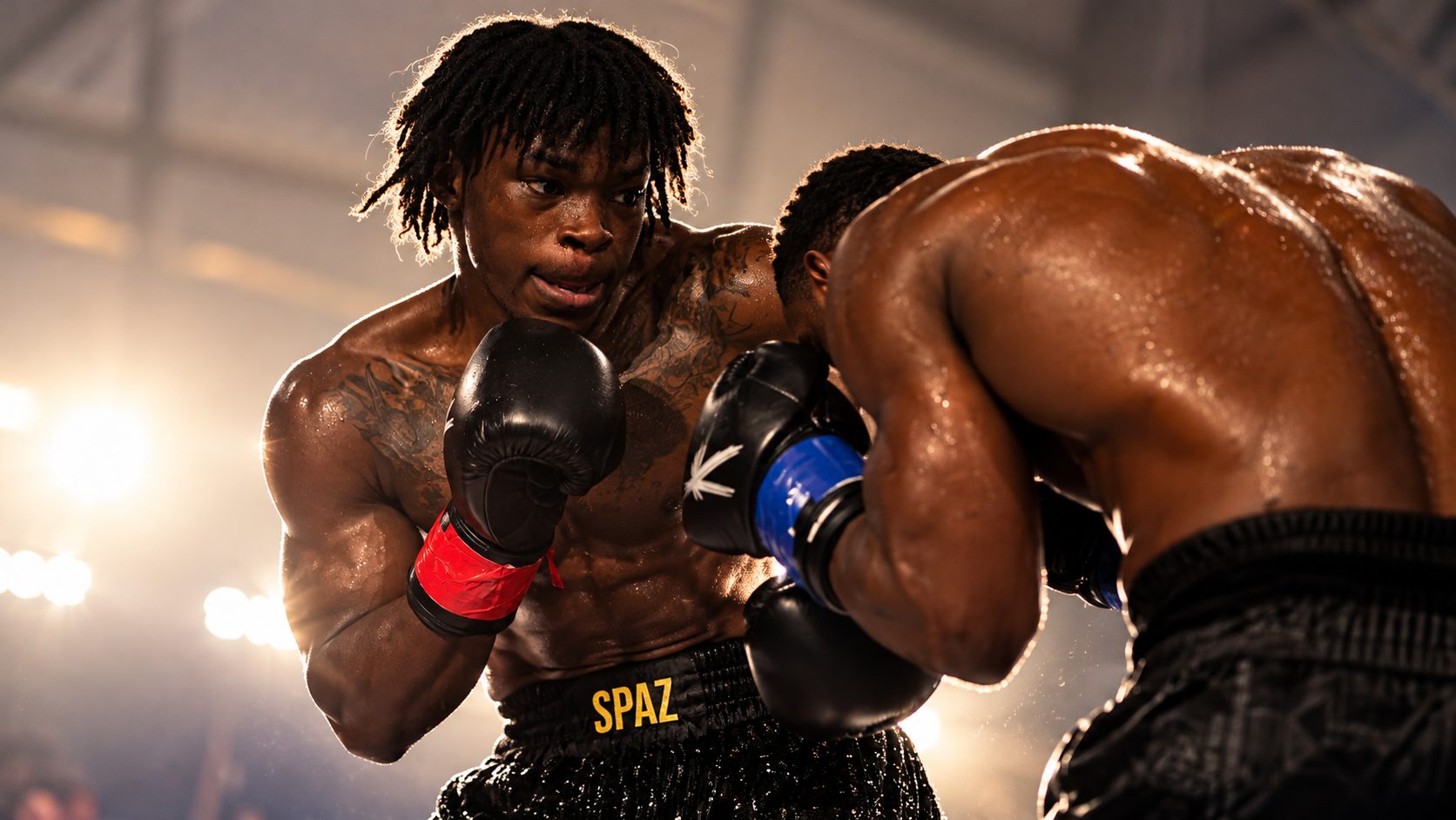 A boxer in black gloves and red tape lines up a shot on an opponent
