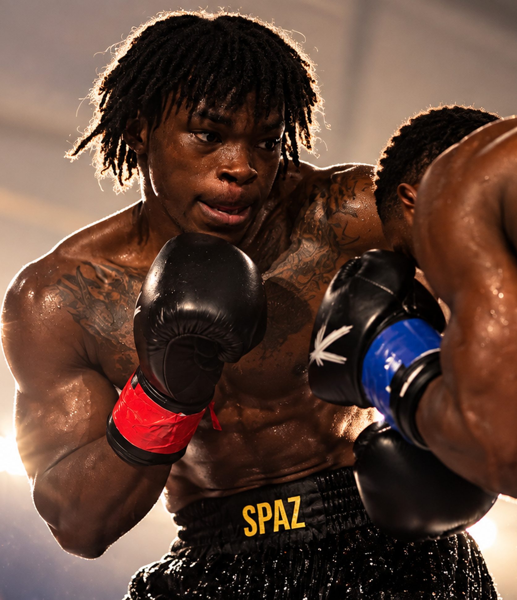 A boxer with his guard up, sweat on his shoulders, watching his opponent